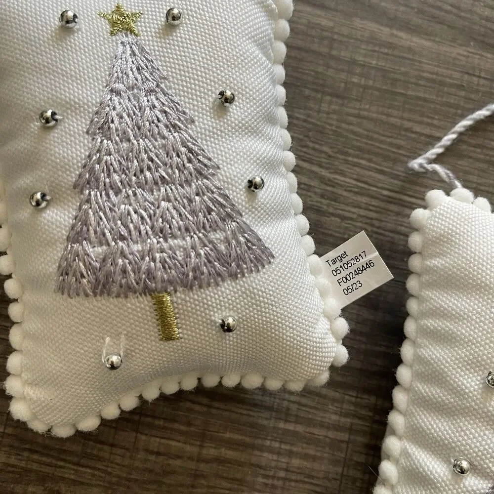 Target Set Of 3 White Embroidered Christmas Tree Pillow Ornament 5in X 3.5in